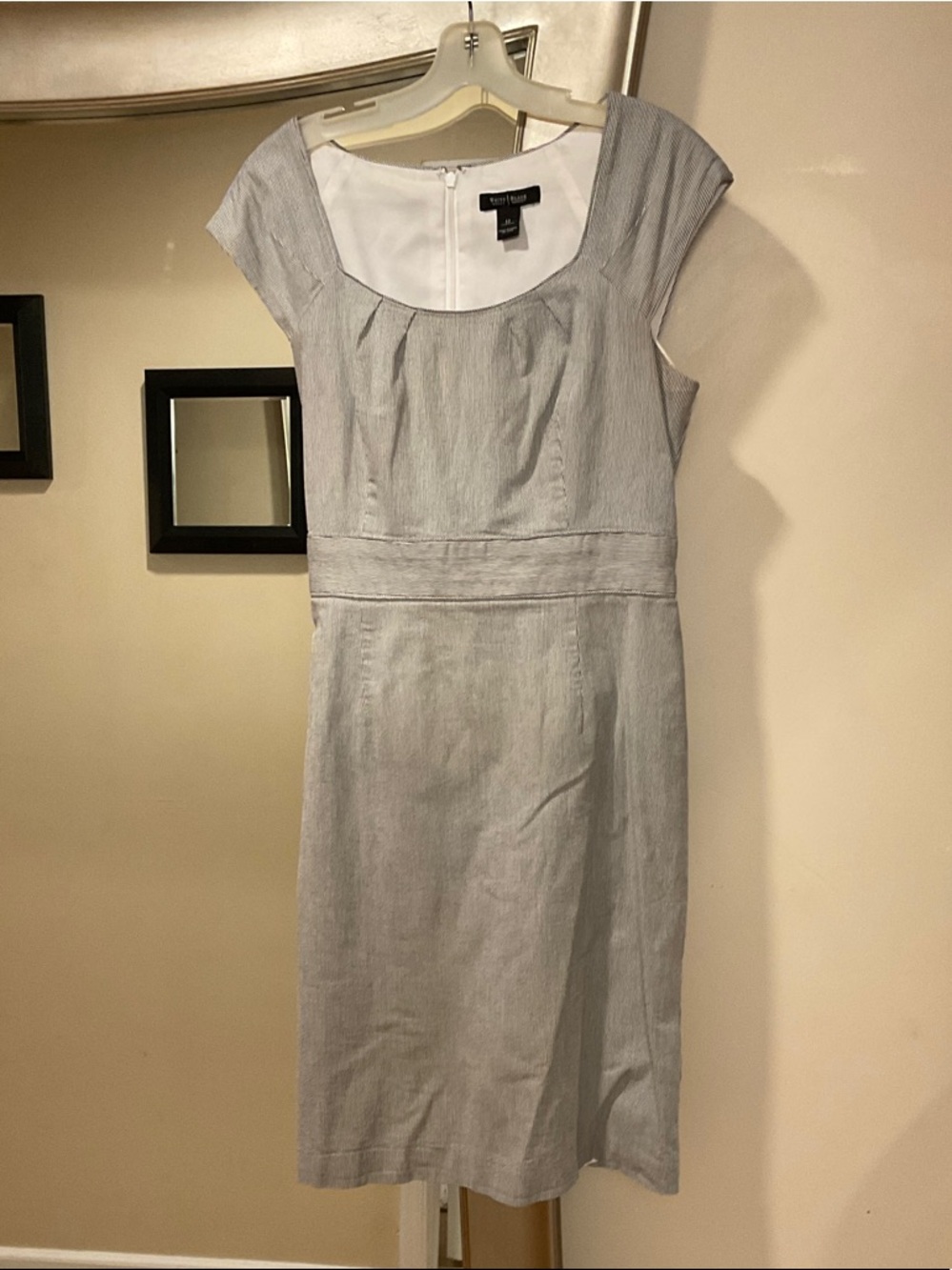 White House Black Market Seersucker  Style Light Gray Scoop-Neck Midi Dress